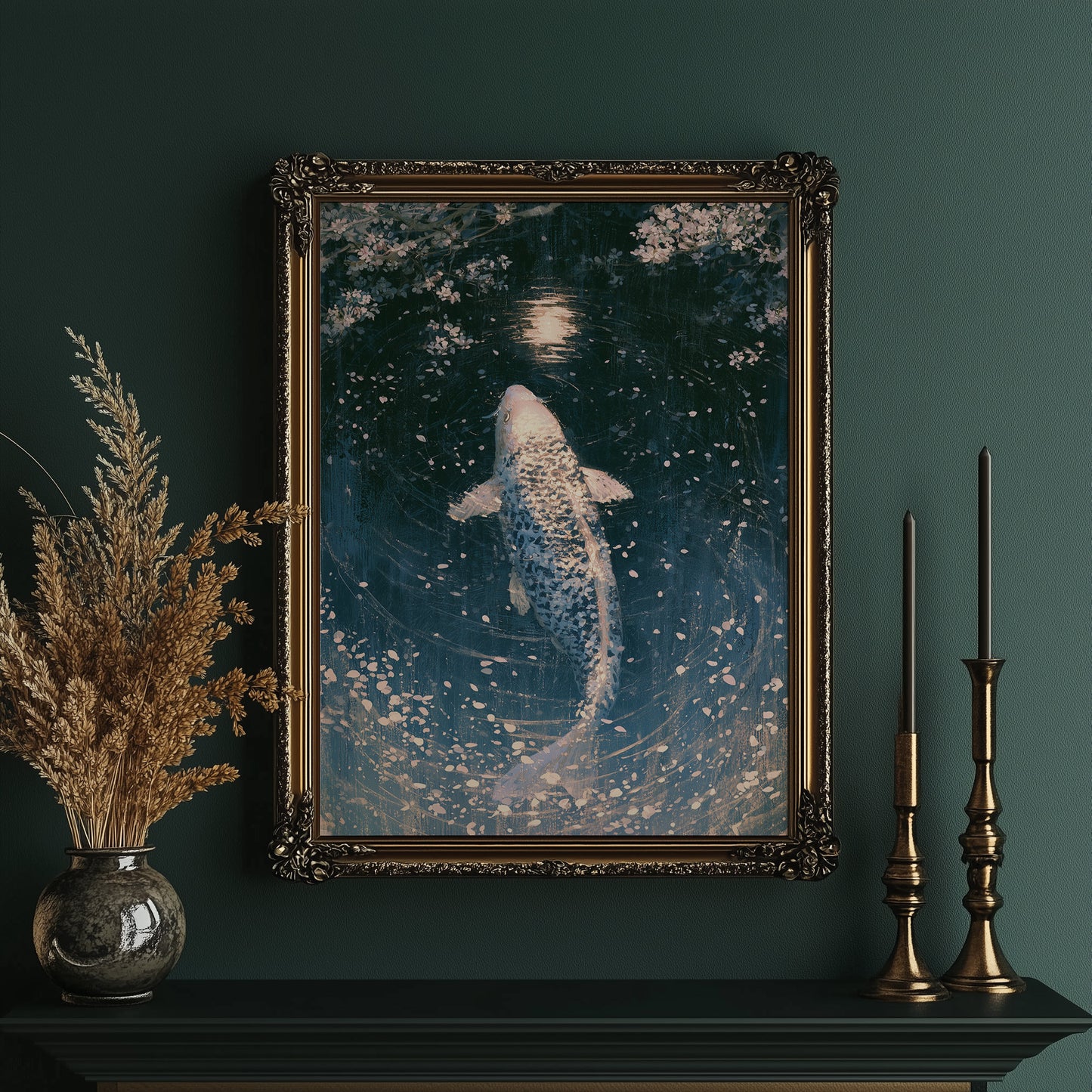 Koi Beneath the Falling Blossoms