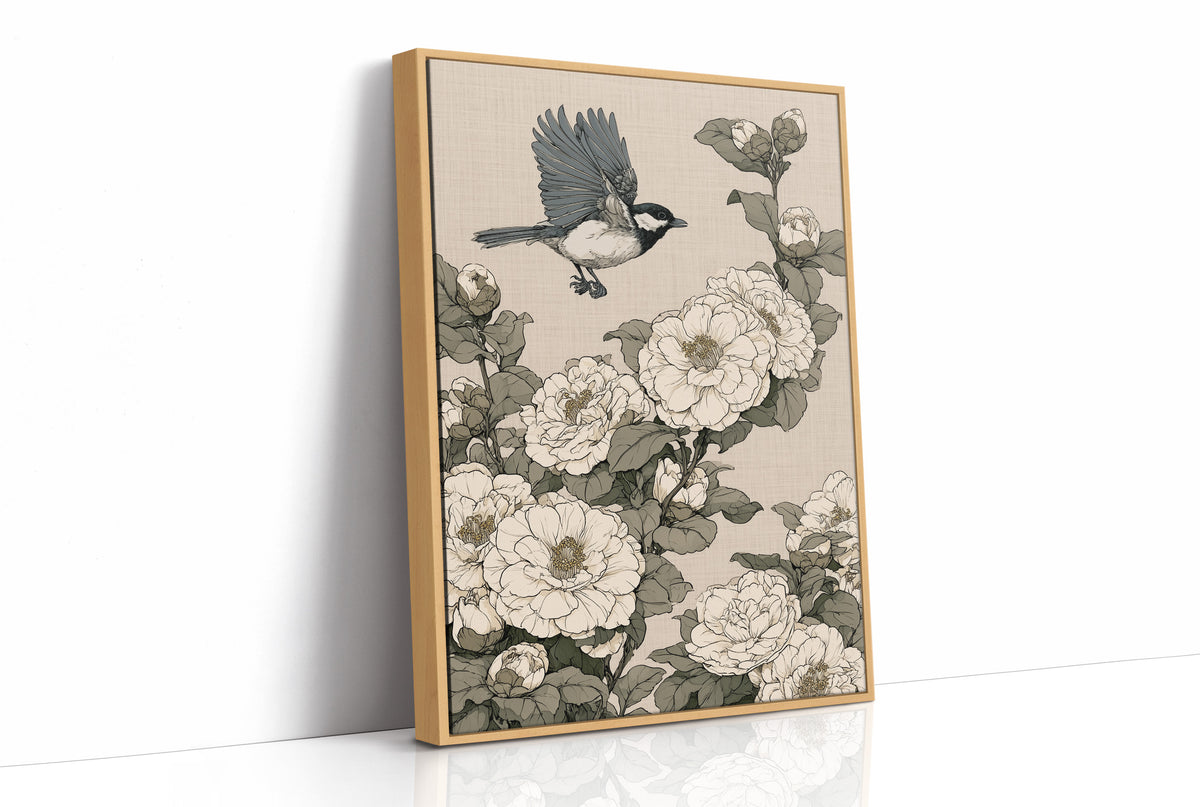Chickadee Landing Among Camellia Blossoms