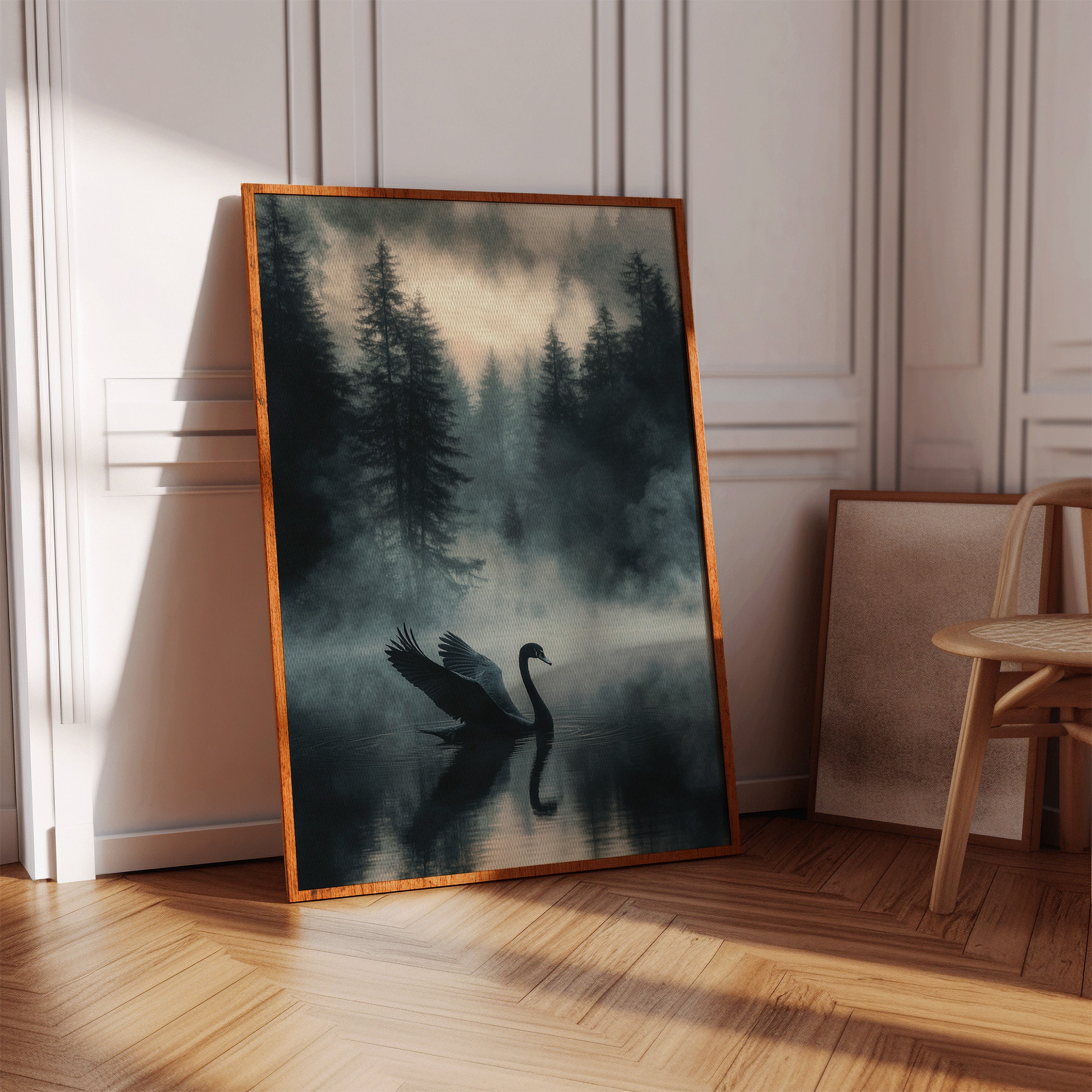 Black Swan in the Forest Mist