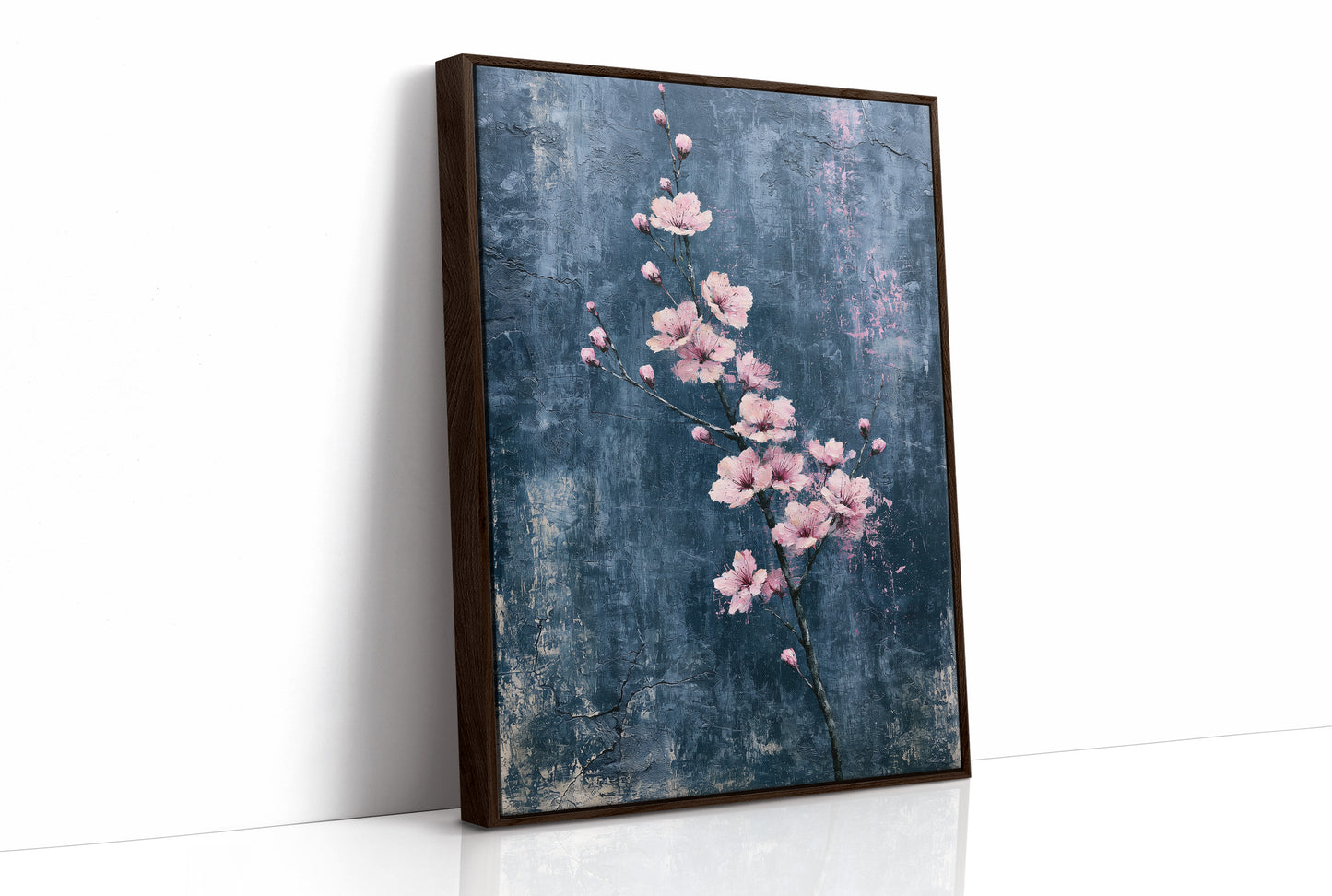 Pink Blossoms on Weathered Denim Blue