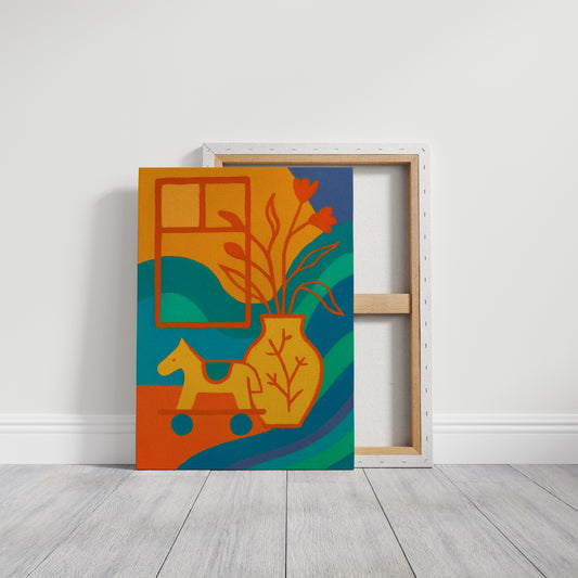 Wooden Horse Meets Morning Tulips