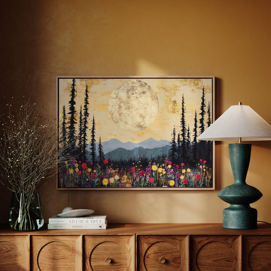 Moonlit Meadow Beneath Mountain Peaks