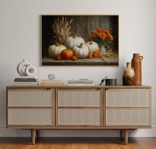 White Pumpkins Among Marigold Flames