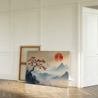 Japanese Landscape Wall Art – Red Sun and Bonsai Mountain Print
