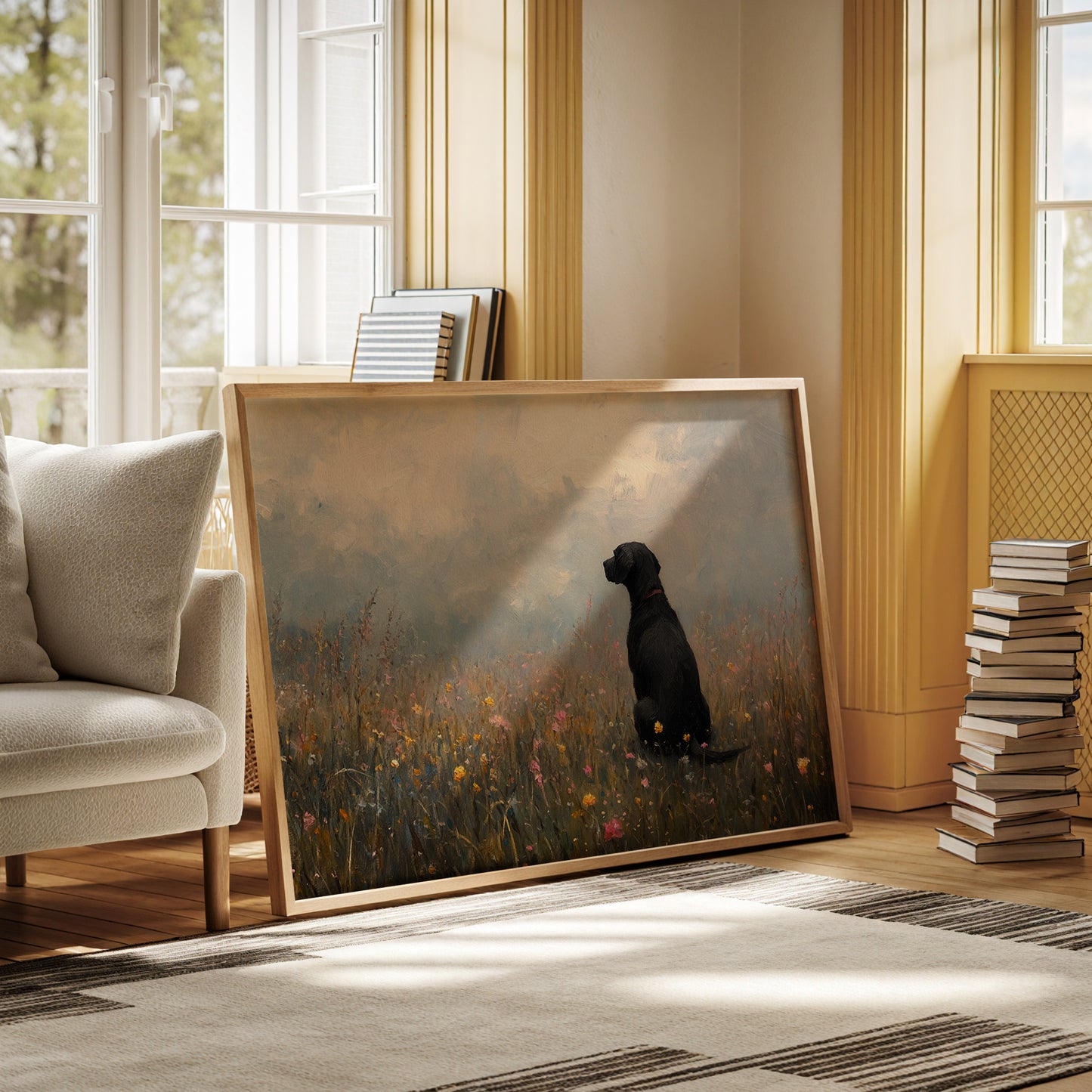 Serene Black Lab in Wildflowers – Rustic Dog Art Print