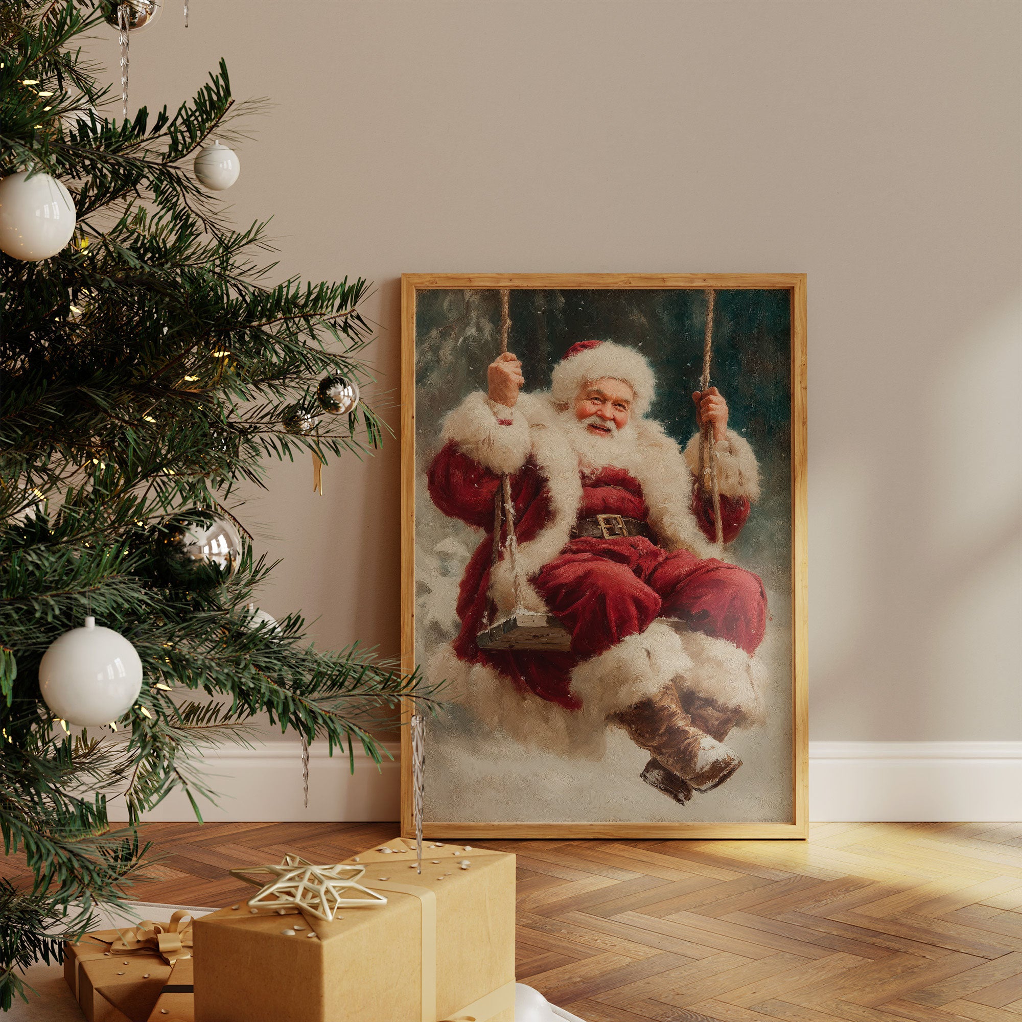 Winter Joy On A Wooden Swing