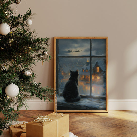 Black Cat Watches Santa's Flight