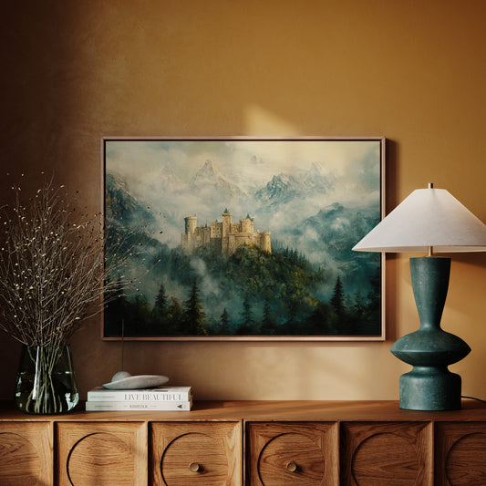 Misty Mountain Castle: Ethereal Fantasy Landscape Canvas Wall Art