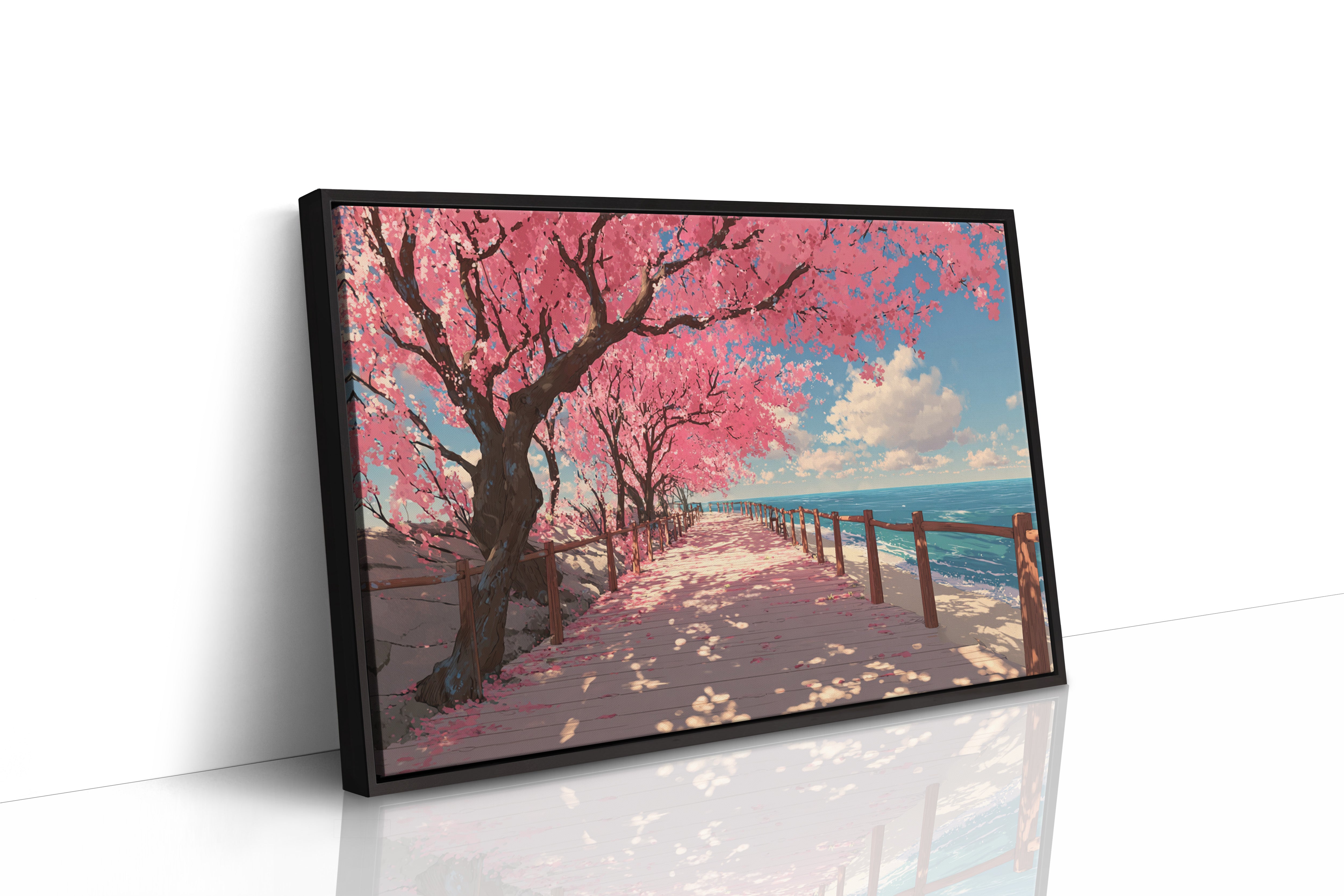 Cherry Blossoms Dance Above Ocean Paths