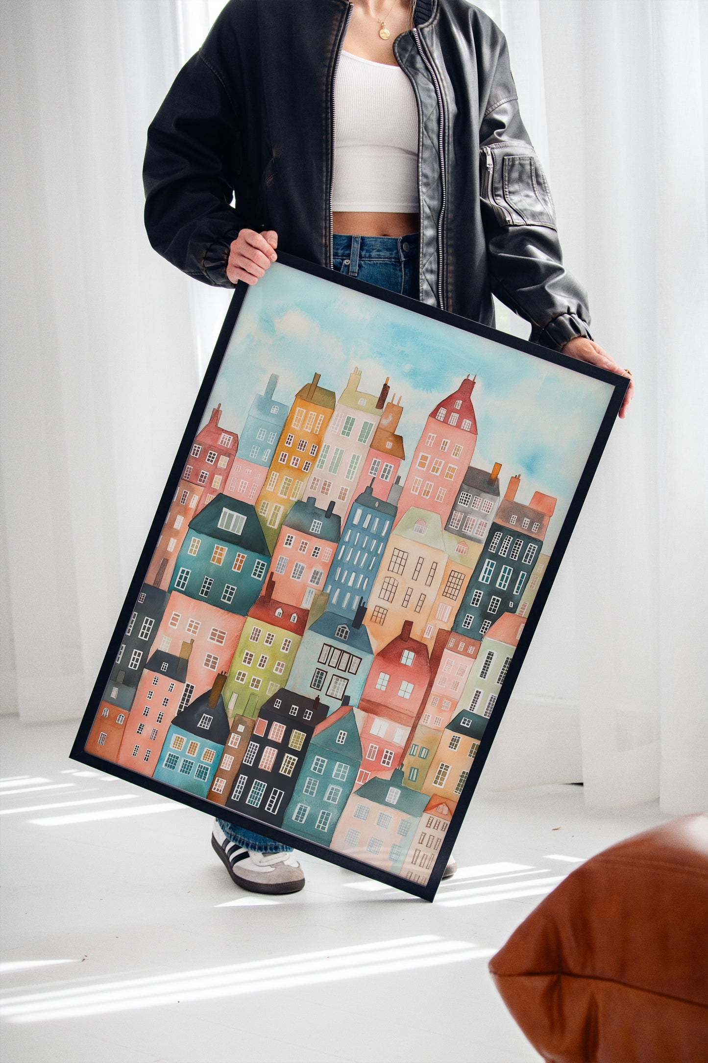 Colorful City Rowhouses Watercolor Print