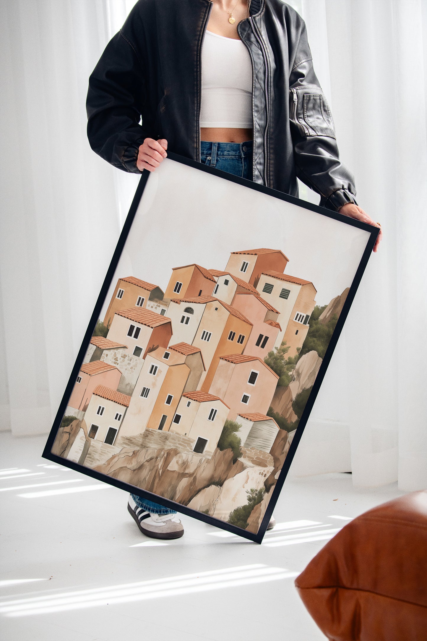 Sunlit Cliffside Village in Warm Earth Tones