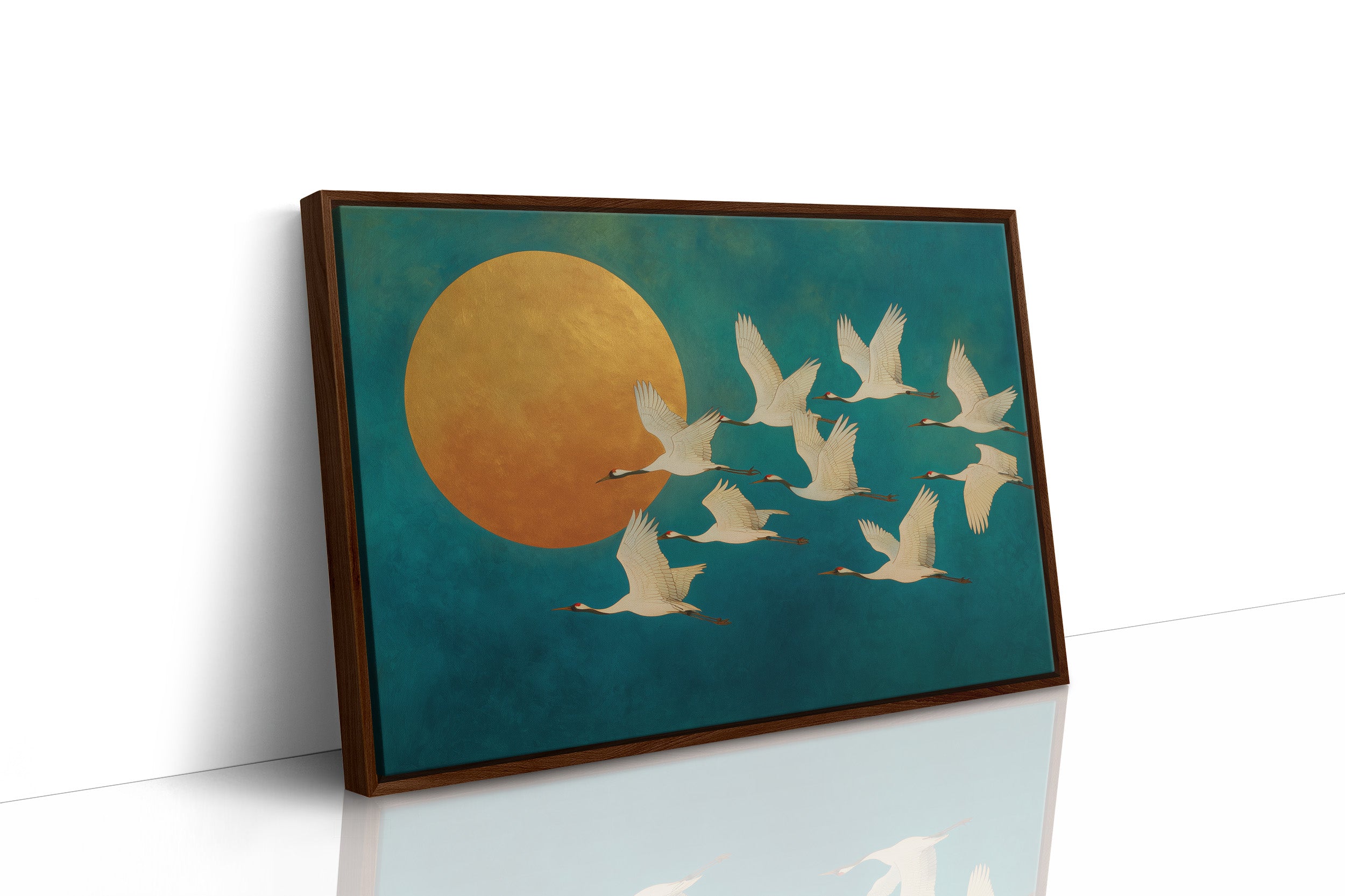 Cranes Dance Against Golden Moon