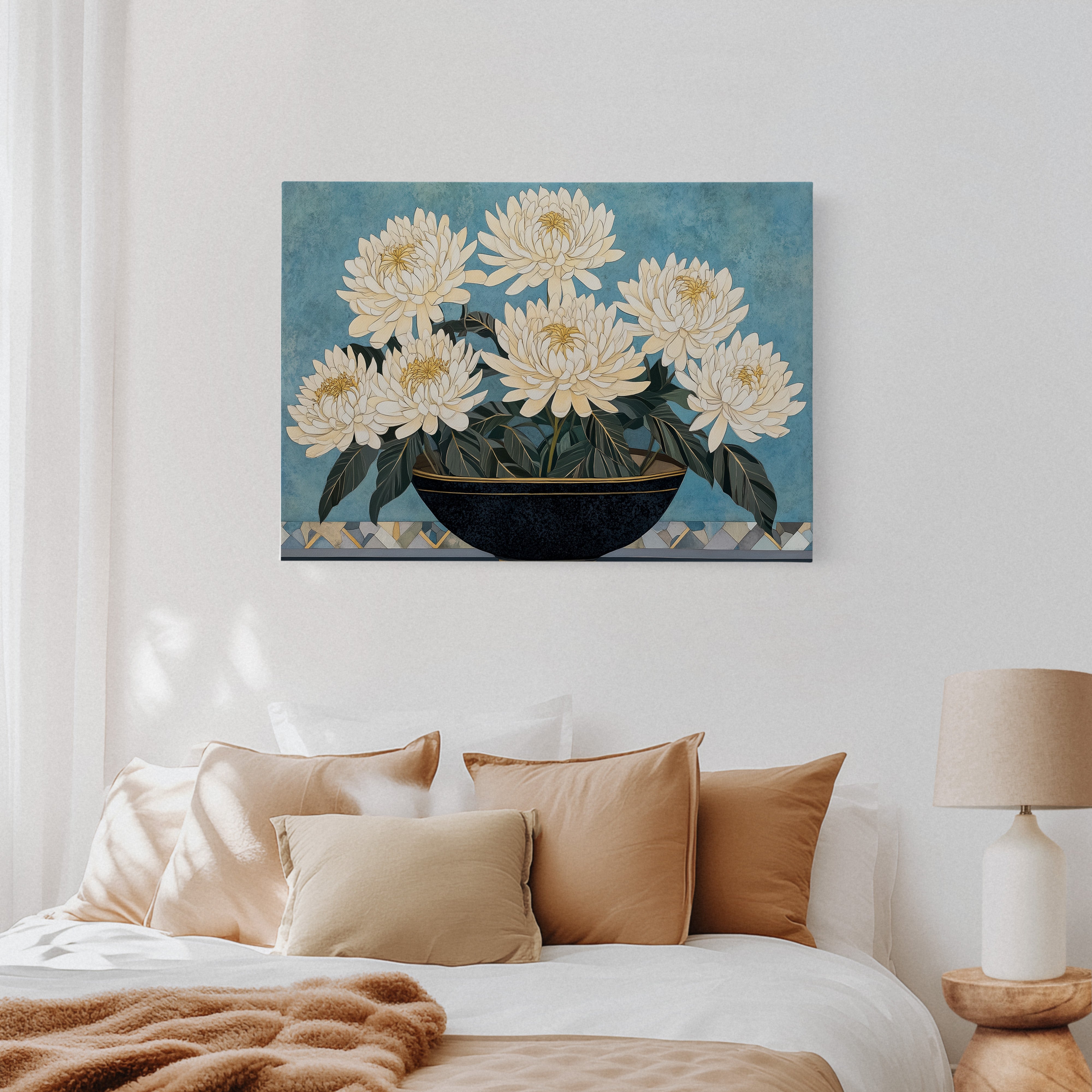 White Chrysanthemums Meet Midnight Bowl
