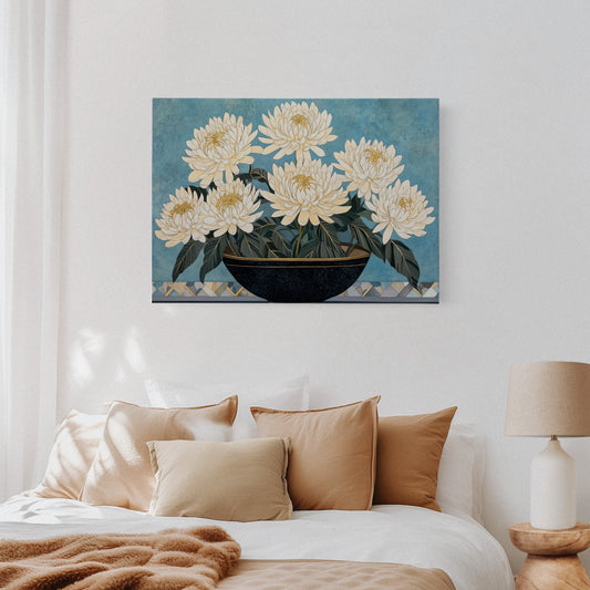 White Chrysanthemums Meet Midnight Bowl