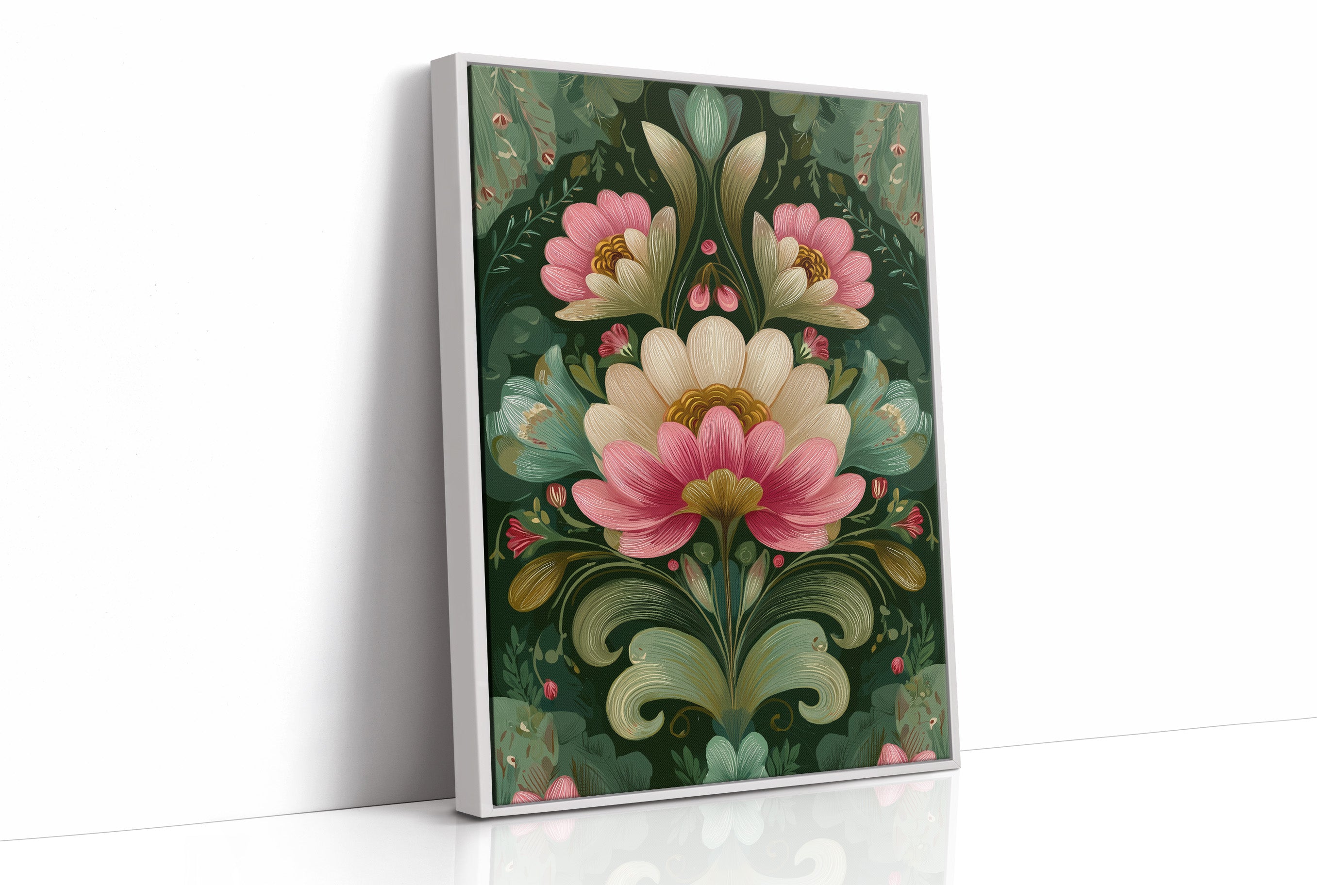 Pink and Cream on Forest Green