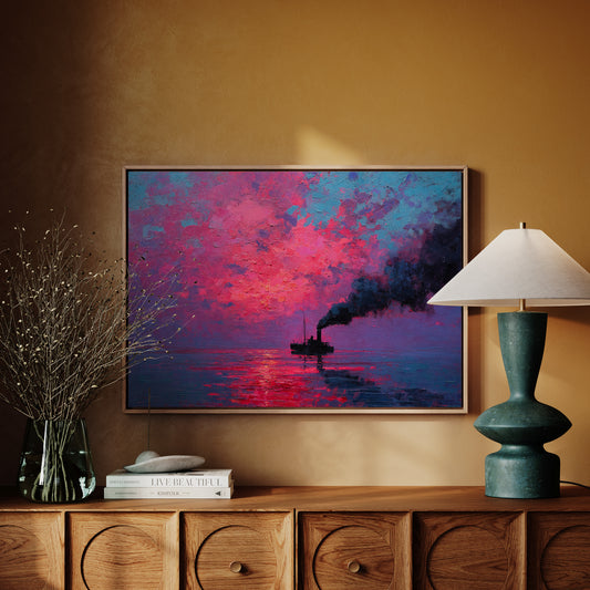 Steamship Sails Through Crimson Dawn