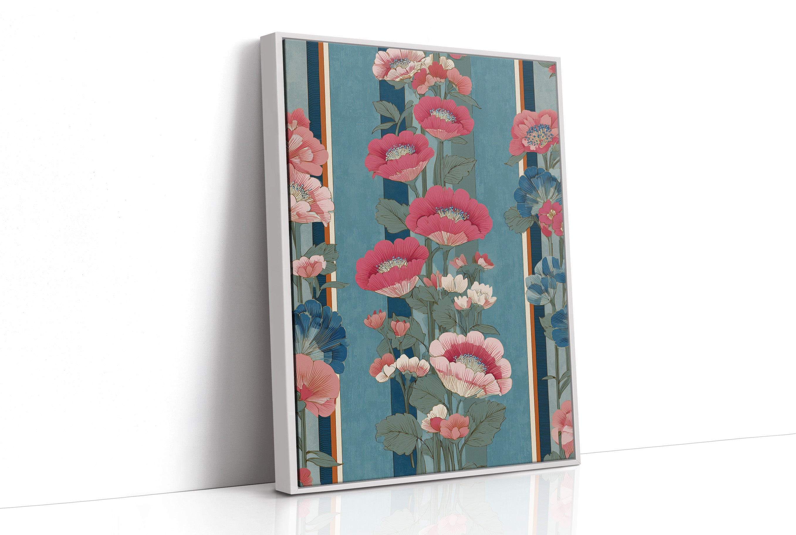Hot Pink Blooms on Faded Blue