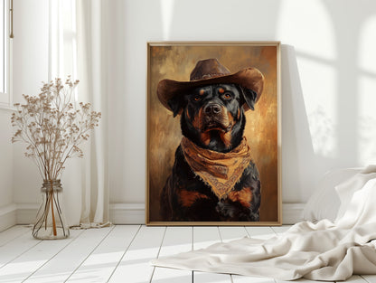 Western Cowboy Rottweiler Print – Rustic Wild West Dog Art