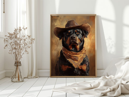 Western Cowboy Rottweiler Print – Rustic Wild West Dog Art