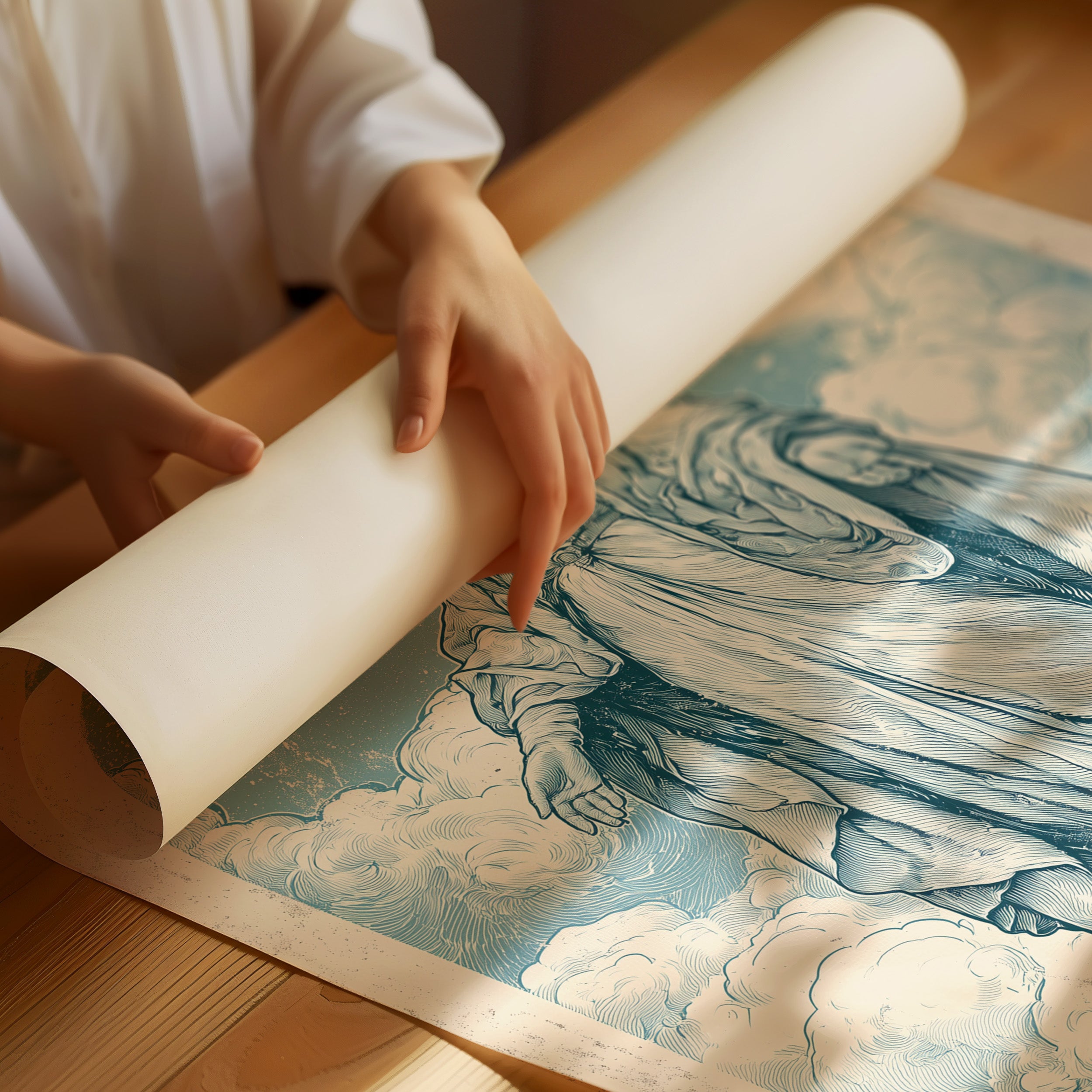 Our Lady of the Clouds — Vintage Blue Engraving Print