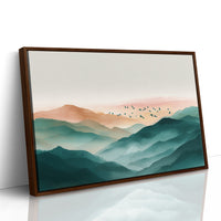 Birds Soar Above Misty Peaks