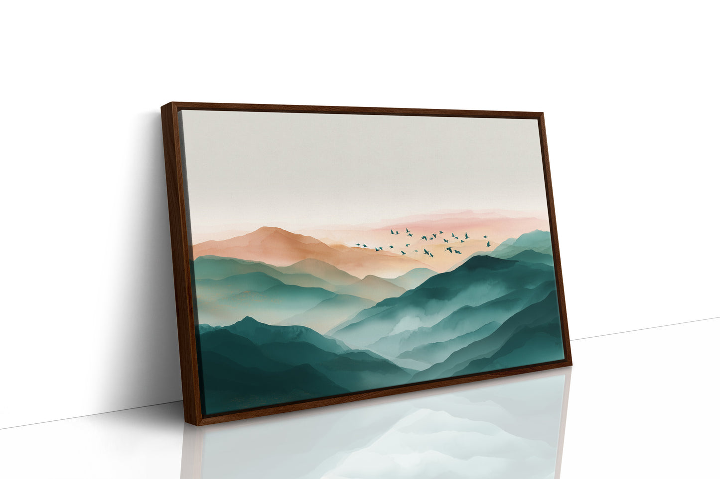 Birds Soar Above Misty Peaks