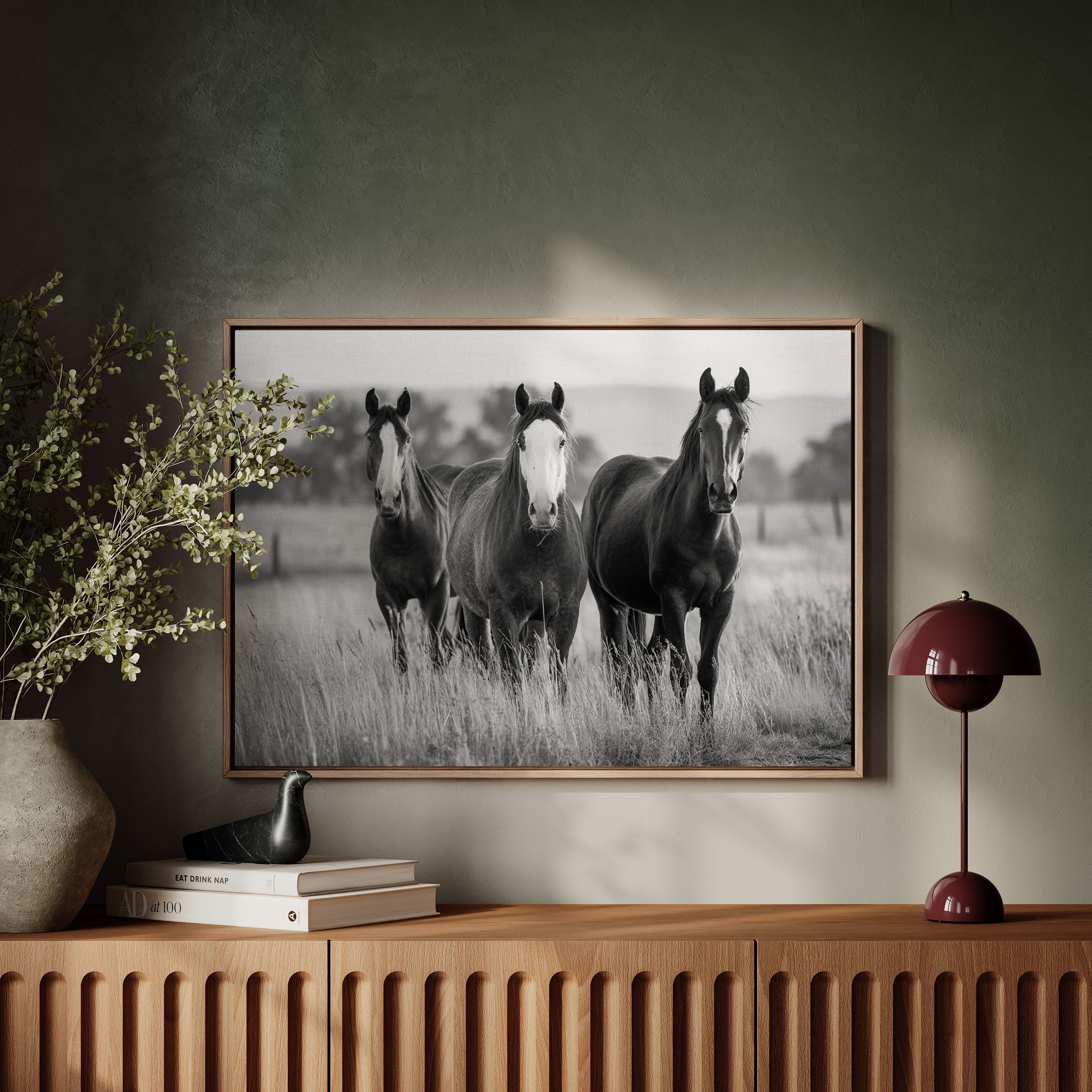 Three Mares Stand Among Prairie Grass