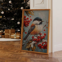 Winter Songbird Among Holly Berries