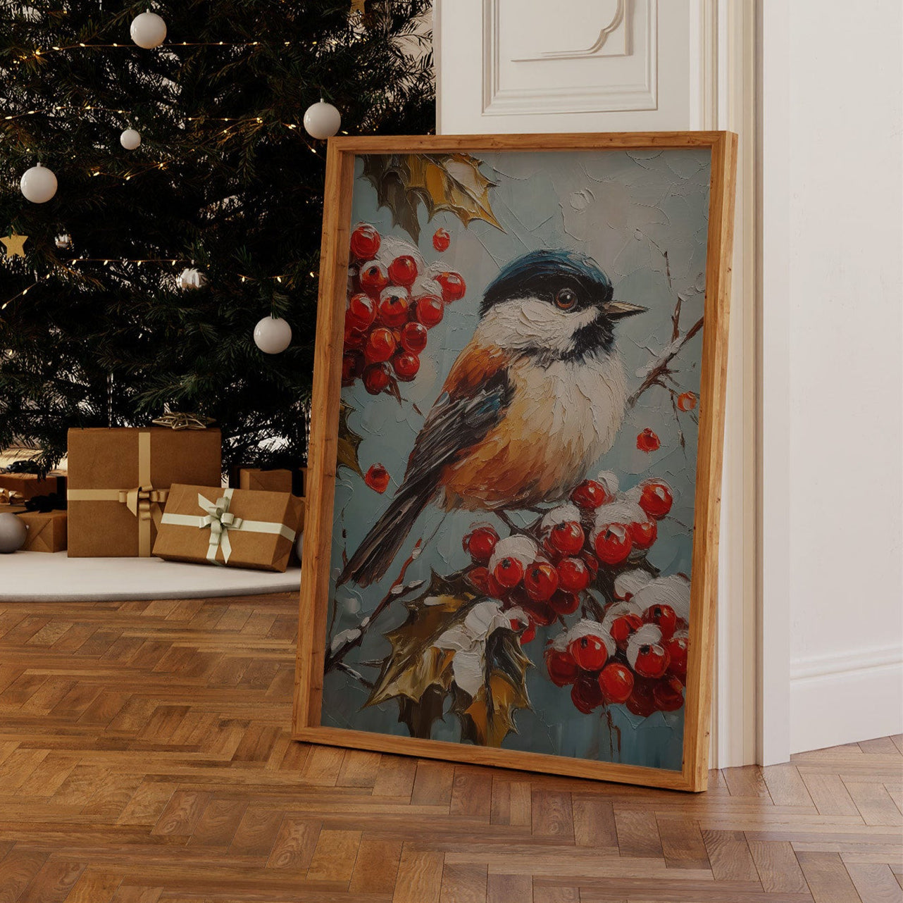 Winter Songbird Among Holly Berries