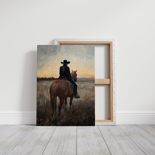 Back to the Prairie – Cowgirl on Horse at Dusk