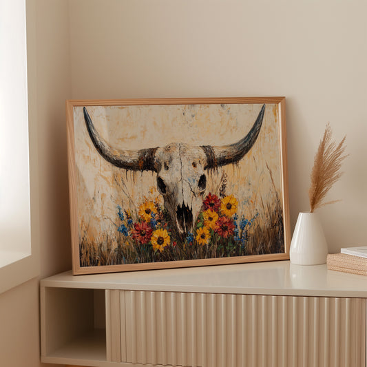 Longhorn Skull with Wildflowers