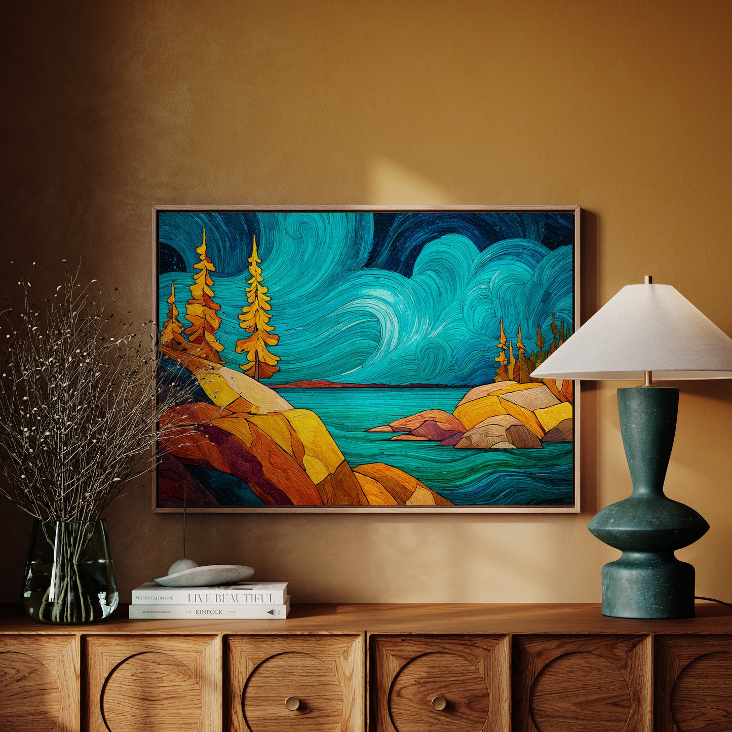 Golden Pines Dance Above Turquoise Waters