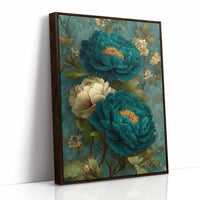 Teal Peonies on a Weathered Wall