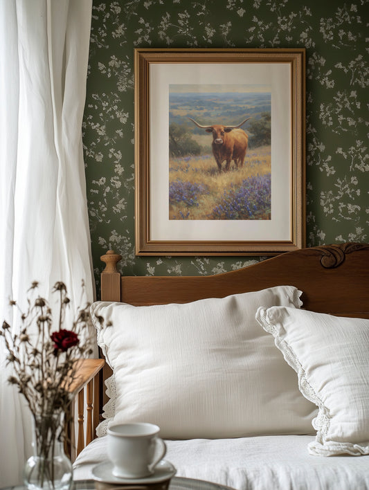 Longhorn Grazes Among Bluebonnet Dreams