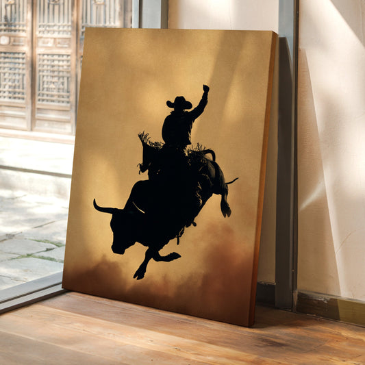 Silhouette of a cowboy on a bucking bronco against a gold background, leaning against a glass door.