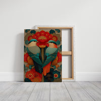 Birds Dance Among Crimson Blooms