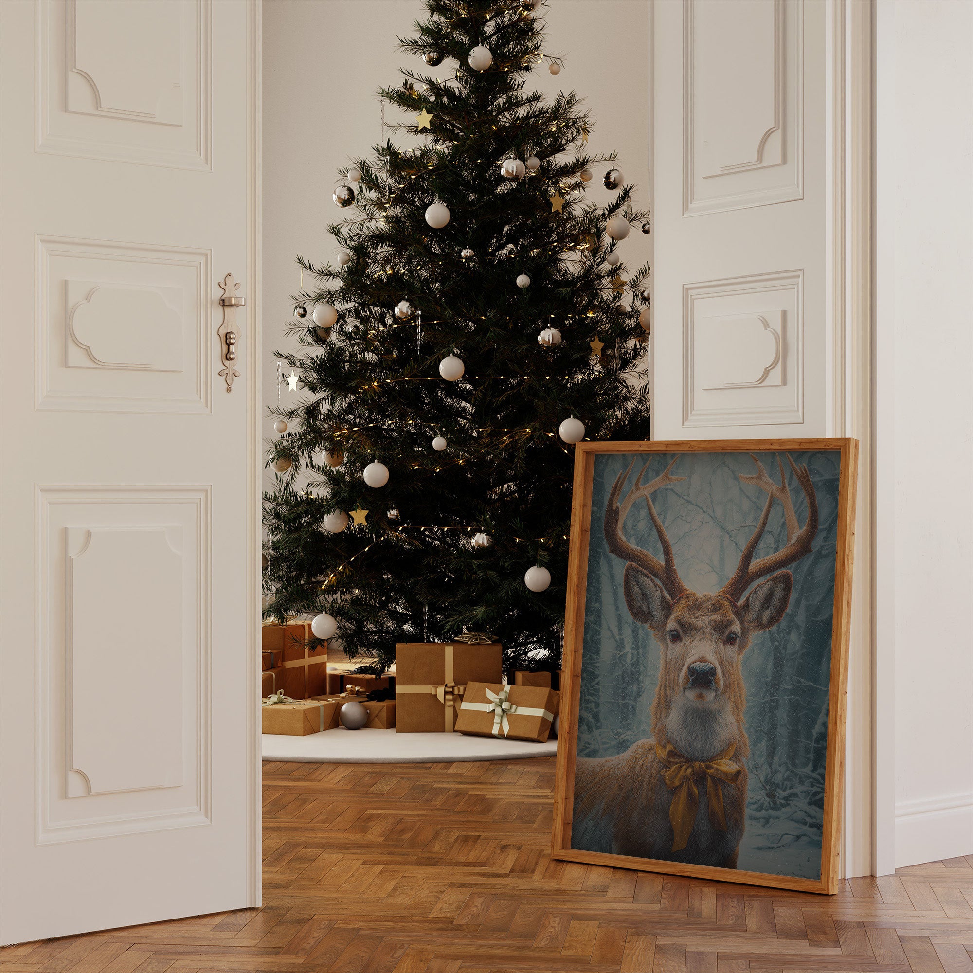 December's Stag Wears Golden Ribbon