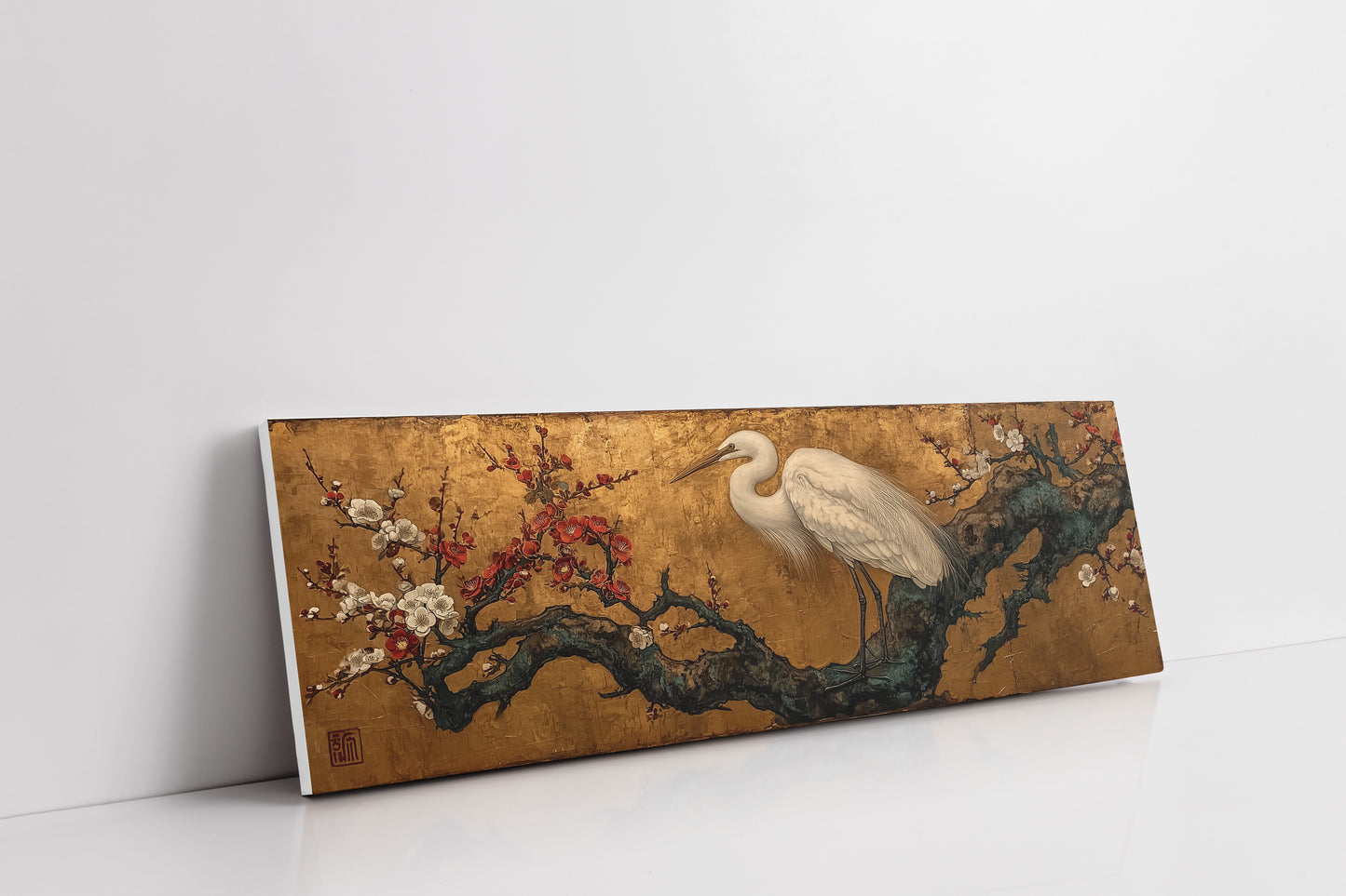 Egret Among Crimson Plum Blossoms