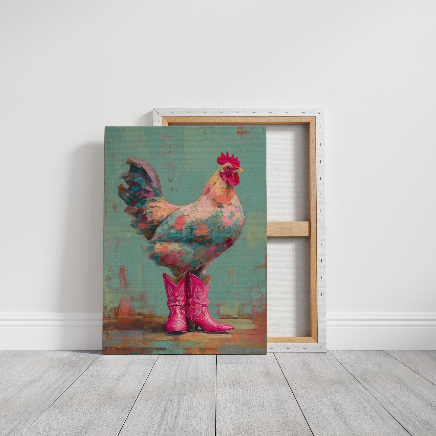 Rooster Struts In Pink Boots