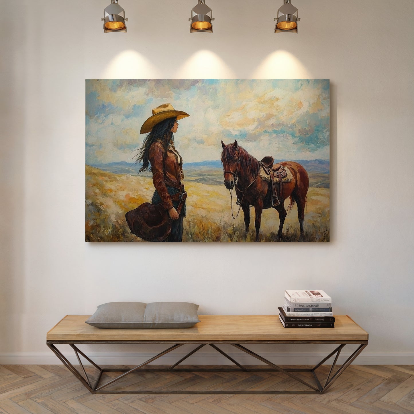 Cowgirl and Her Mustang on the Open Range