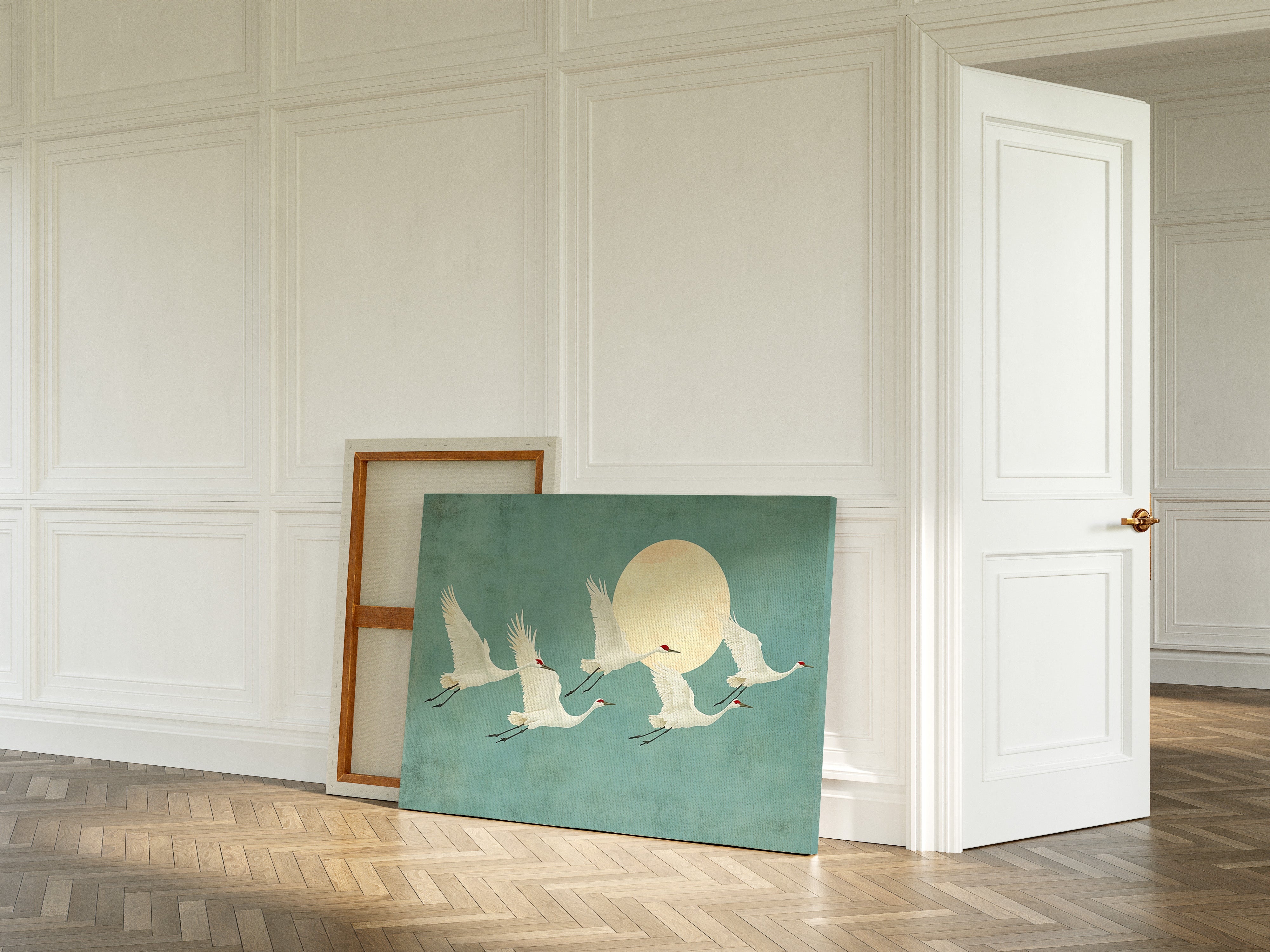 Japanese Crane Wall Art – Minimalist Blue & Gold Crane Print