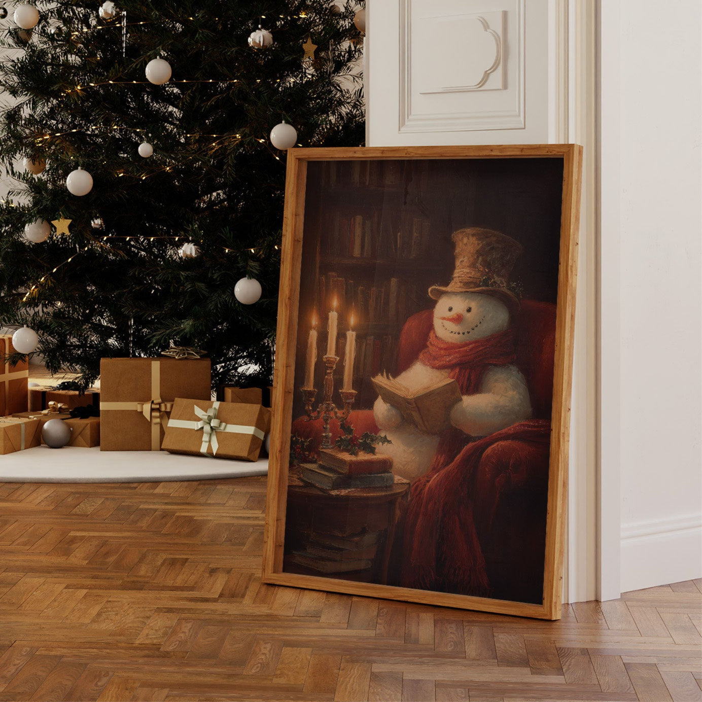 Snowman's Library On Winter Night