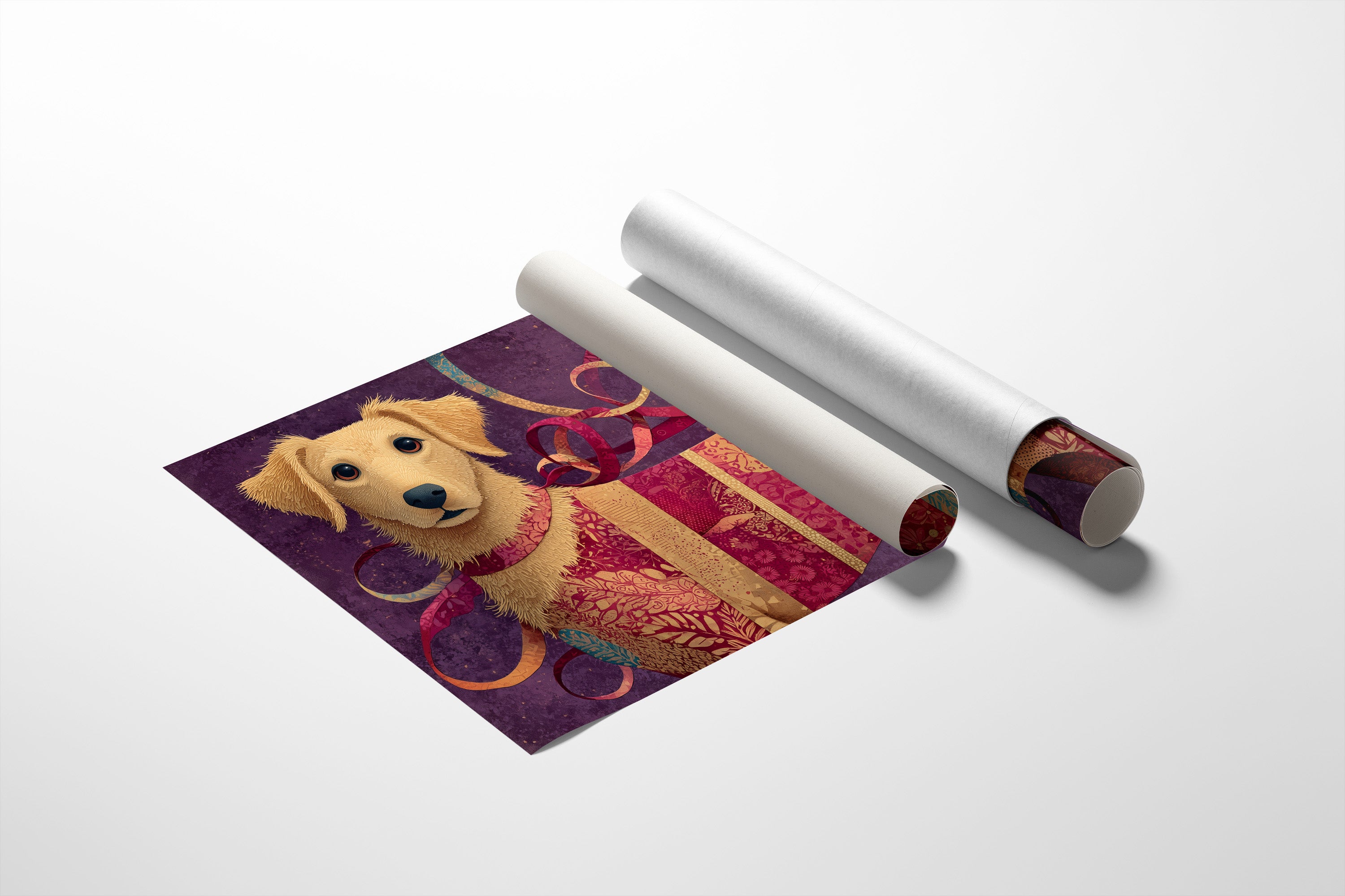 Golden Puppy in Patchwork Ribbons