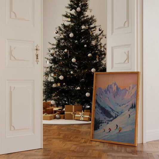 Skiers Chase Alpine Sunset Colors