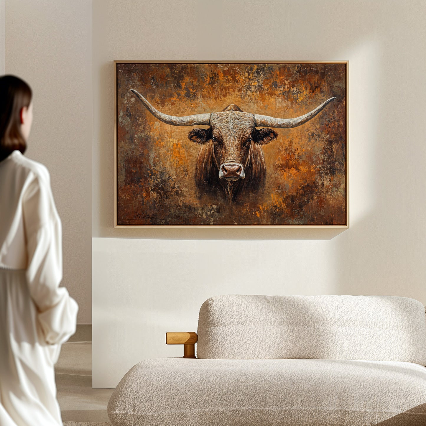 Longhorn's Gaze Through Autumn Fire