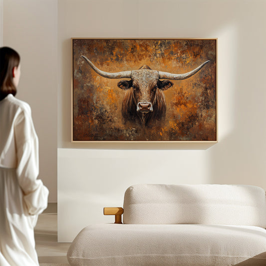 Longhorn's Gaze Through Autumn Fire