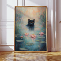 Mystical Black Cat in Water – Dreamy Water Lily Painting