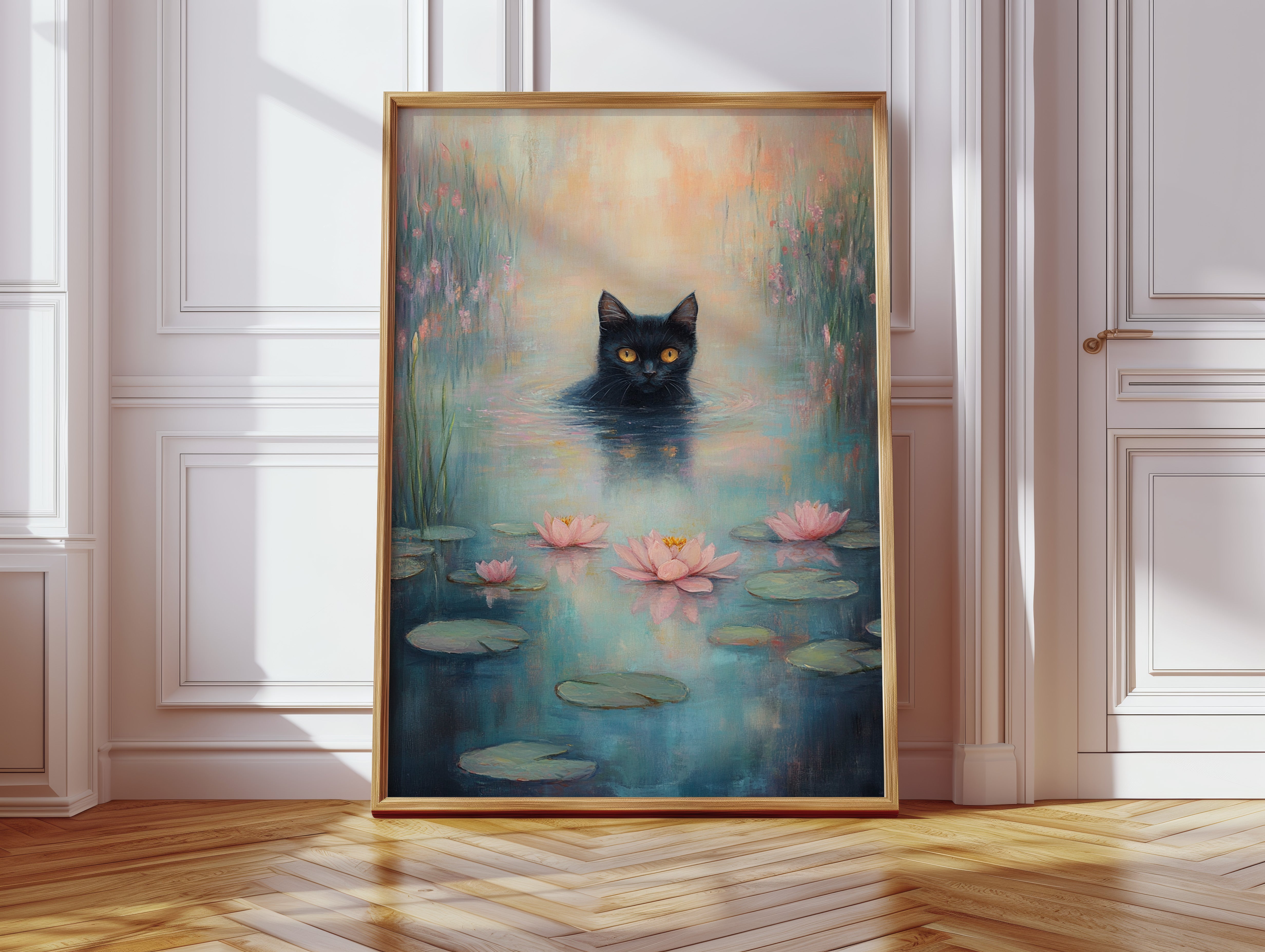 Mystical Black Cat in Water – Dreamy Water Lily Painting