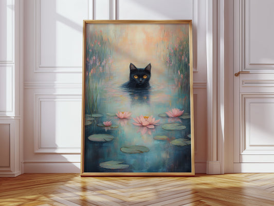 Mystical Black Cat in Water – Dreamy Water Lily Painting