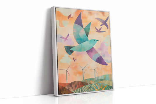 Birds Soar Above Wind Farm Dawn